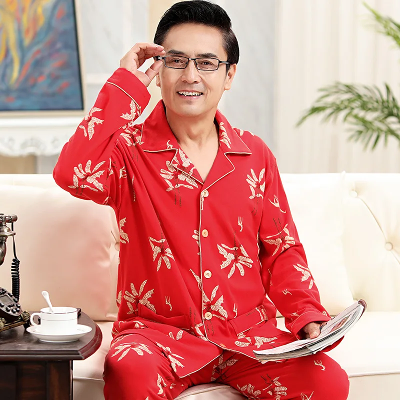 

Pijama Hombre Middle-Aged And Elderly 100% Cotton Pajamas Long Sleeve Men'S Two-Piece Cardigan Dad Sleepwear Loose Loungewear