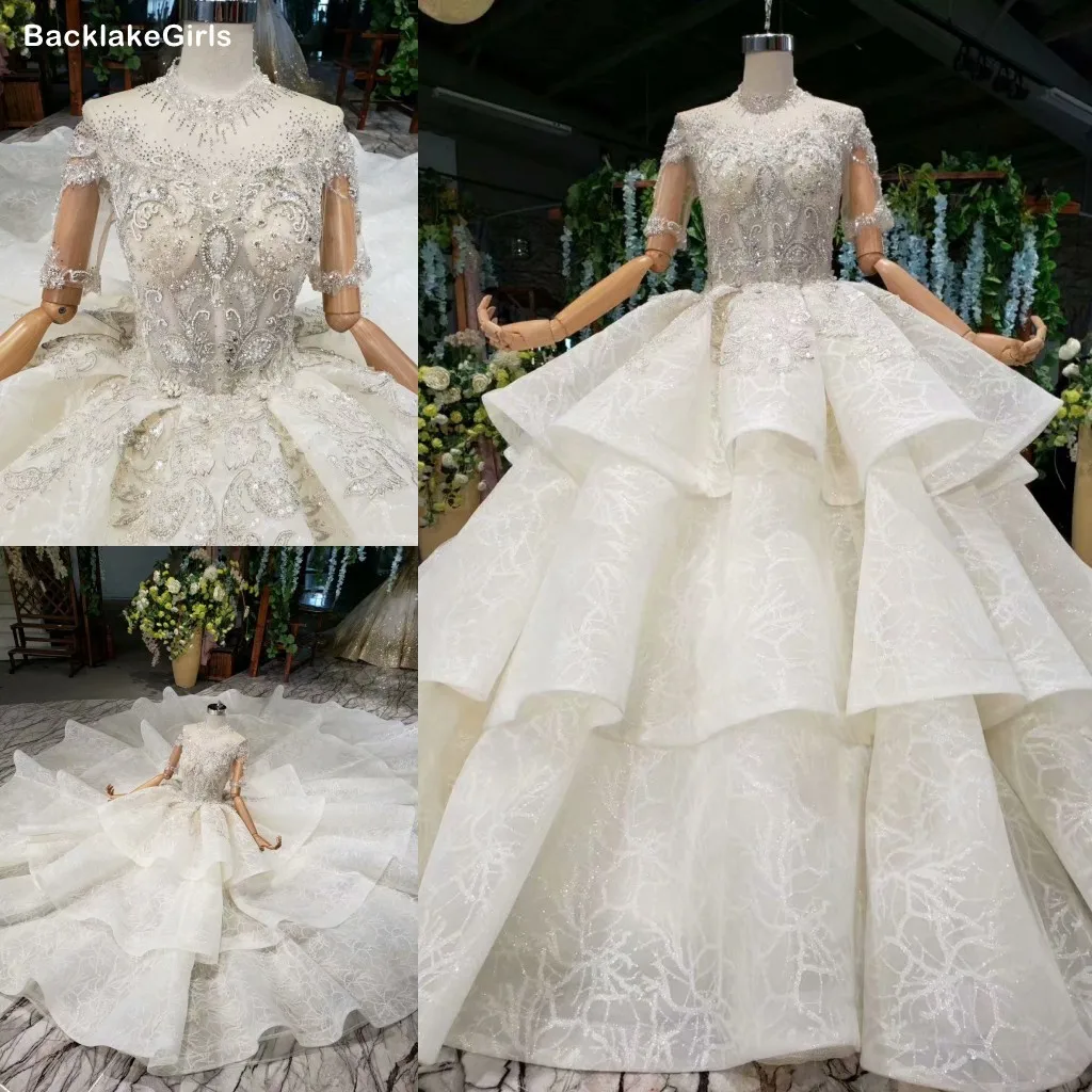 Тюль Половина рукава Иллюзия Высокая шея Weding платья Пышное Свадебное Платье