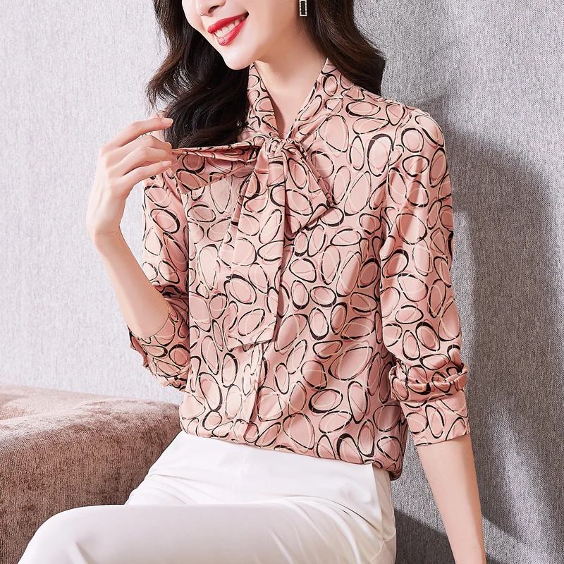 

2022 spring satin printed long-sleeved shirt with bow and ribbon womens tops button up shirt korean fashion