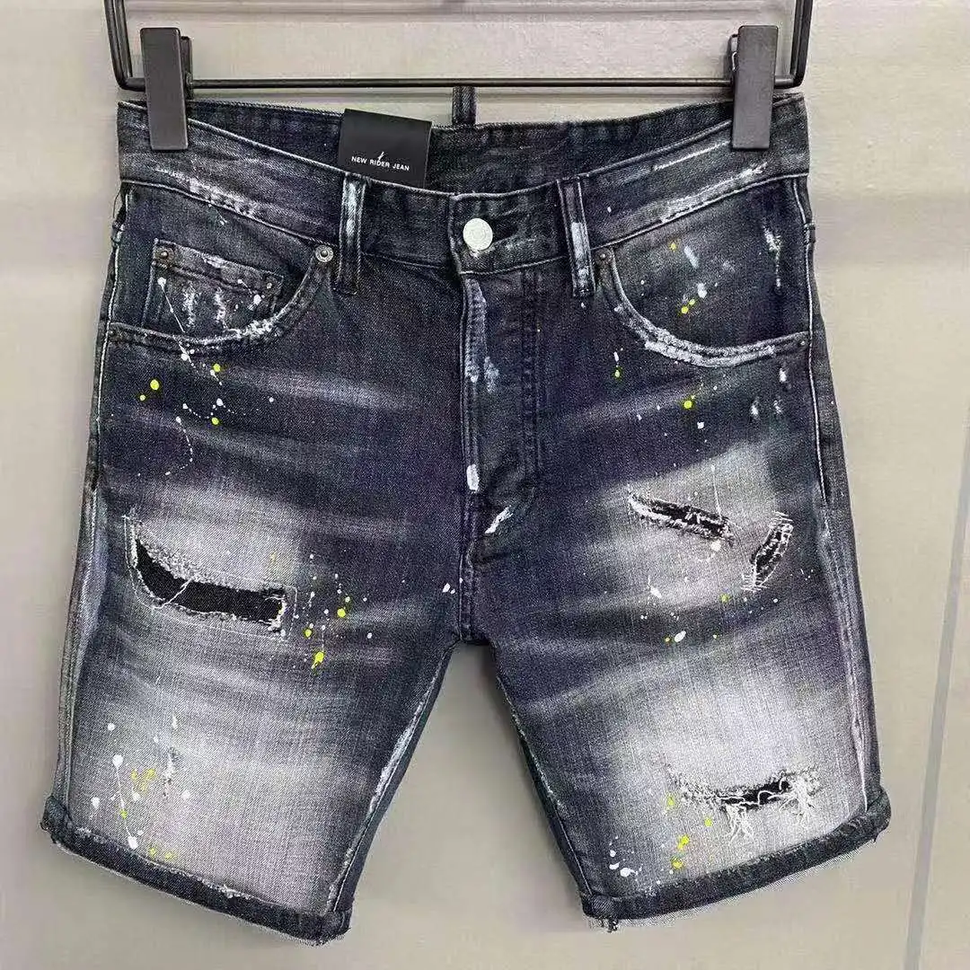 

2021 Summer New Dsquared2 Men's Washed Hole Patch Elastic Slim Fit Fashion Painted Old Denim Shorts