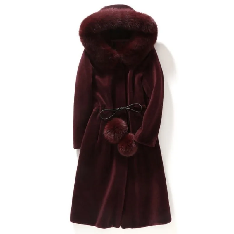 Женский Длинный Меховой халат зимняя теплая шерстяная куртка с воротником из