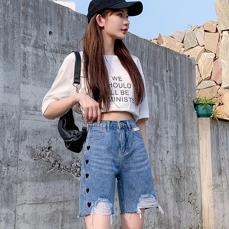 

TongSiHai Jeans Shorts for Women Ladies Fashion High Waist Heart Embroidery Denim Short Pants Girl Students Straight Tassel Jean