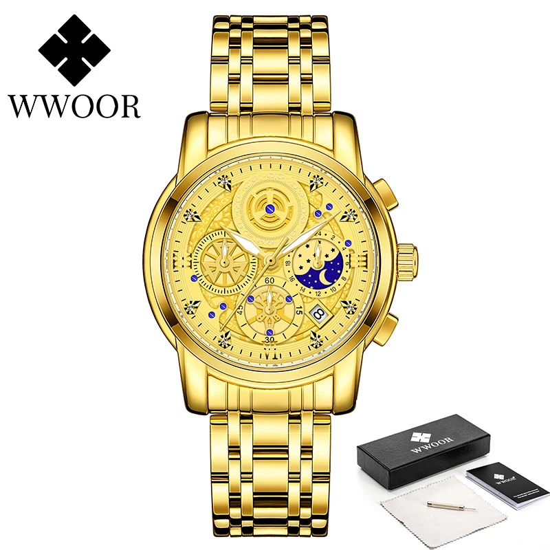 

2021 WWOOR New Creative Gold Watch Mens Watches Full Steel Luxury Sports Chronograph Quartz Watches Men Clock Relogio Masculino