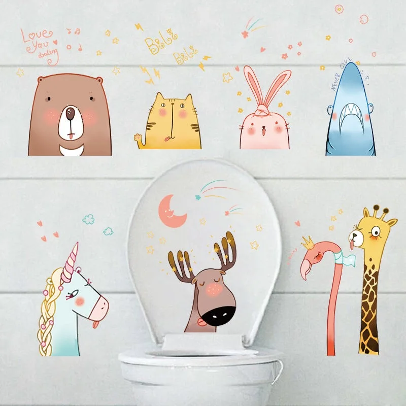 

1set 8 cute animals wallpapers decorative stickers Refrigerator Cabinet Glass Stickers Cool Home Bathroom toilet stickers