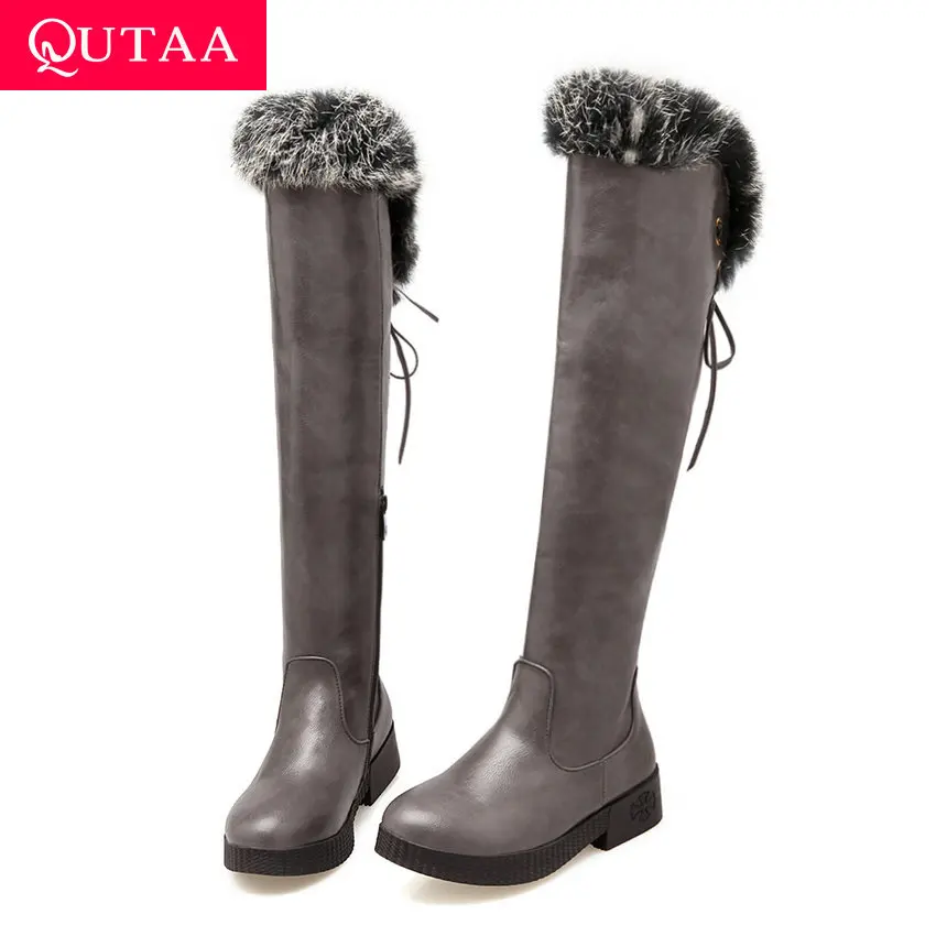 

QUTAA/зимняя теплая женская обувь на меху, на платформе, на молнии, со шнуровкой, из PU искусственной кожи, с круглым носком, на низком квадратном...