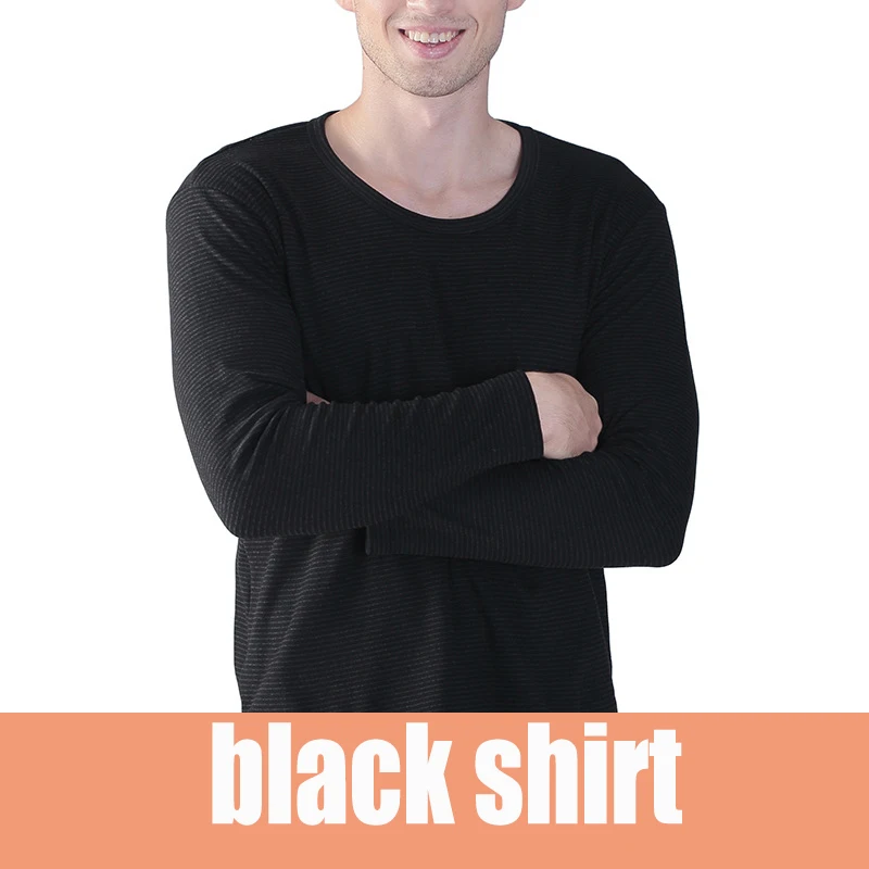 Black shirt Мужские хлопковые кальсоны, костюмы, Осень-зима, свободные, плюс размер, XL-7xl, в полоску, с круглым вырезом, термобелье, Топы+ штаны, комплект из 2 предметов - Цвет: Black shirt