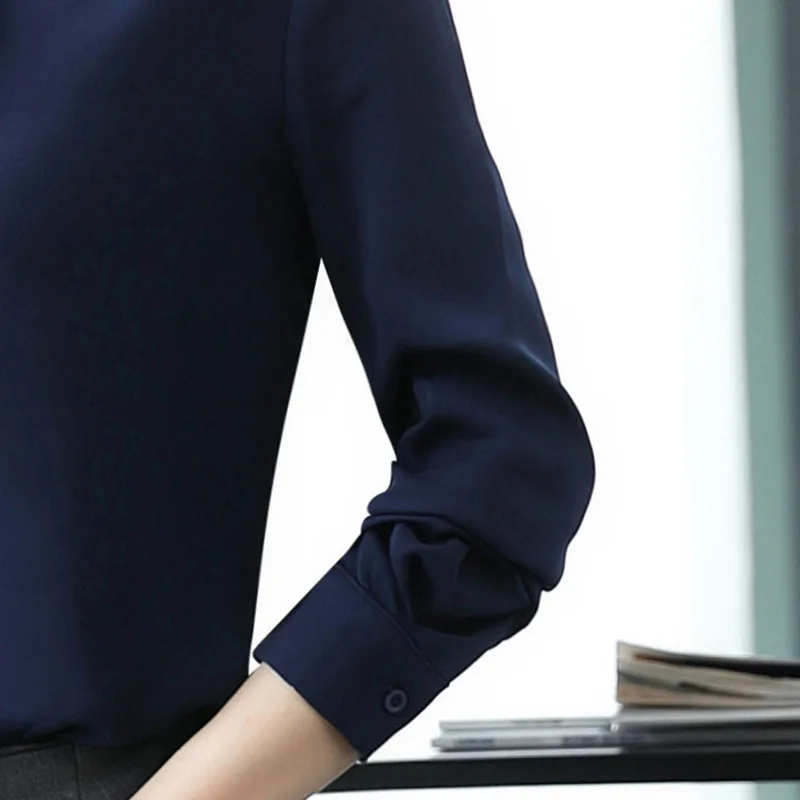 Dushicolorful  Women's Blouse Long Sleeve White Blue Elegant Bow Tie Office Lady Work Wear Shirt Formal Tops Plus Size 4xl