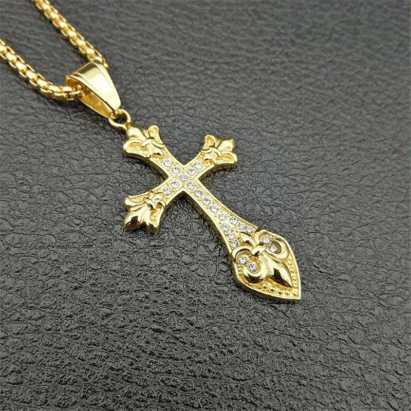 

High Quality French Flower Cross Pendants Bohemian Gold Color Stainless Steel Chain Necklaces For Men Women Vintage Jewelry 2021