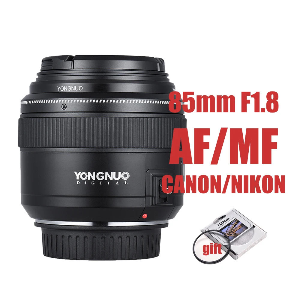 

Объектив YONGNUO 85 мм F1.8 Prime, AF/MF, полнокадровый объектив среднего размера для цифровых зеркальных камер Canon, Nikon, 7D 5D, 80D, D750, D850, D7100