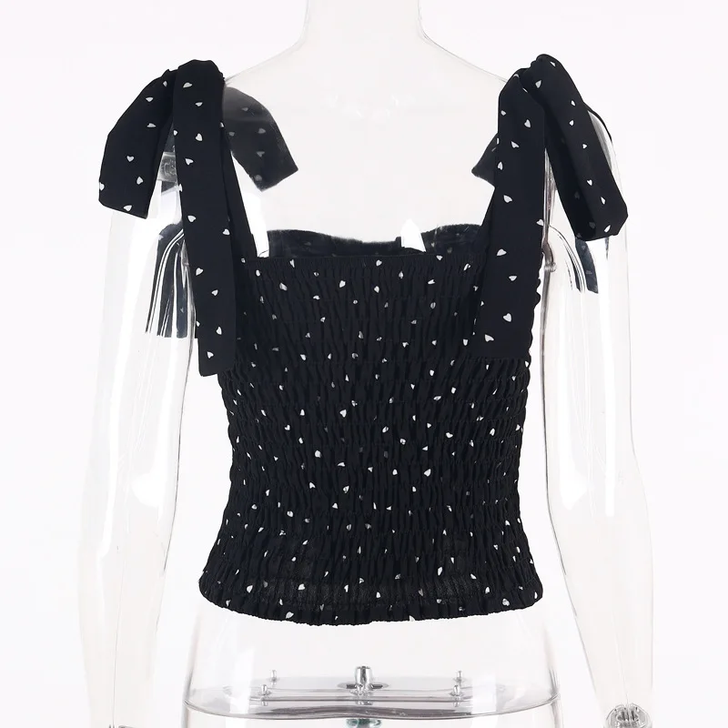 

Black Bandage Slash Neck Off-shoulder Heart Shape Print Camis Summer Lady Slim Fit Sexy Short Crop Tops Pleated Club Streetwear