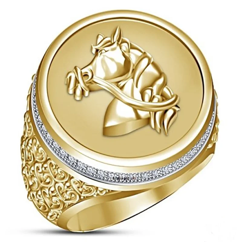 

Punkboy Hot Sale Gold Color Men's Horse Head Animal Craved Geometric Pattern Metal Male Ring for Party Jewelry Size 6-13