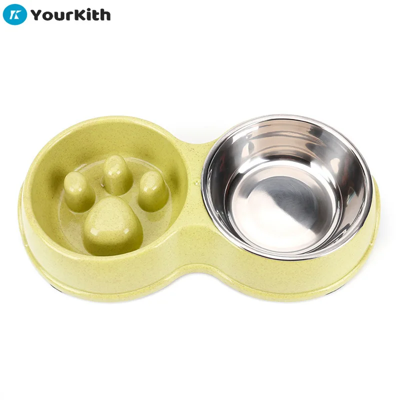 

YourKith Cat Feeder Pet Supplies Slow Food Wheat Straw Anti-Choking Stainless Steel Double Bowl Pet Cat Bowls For Dogs