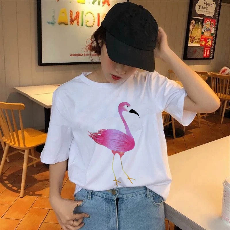 

Cartoon Flamingo summer Printed Female Tshirt 90s Short Sleeve Graphic Tees women Funny Harajuku T-shirt Tops Tees Female