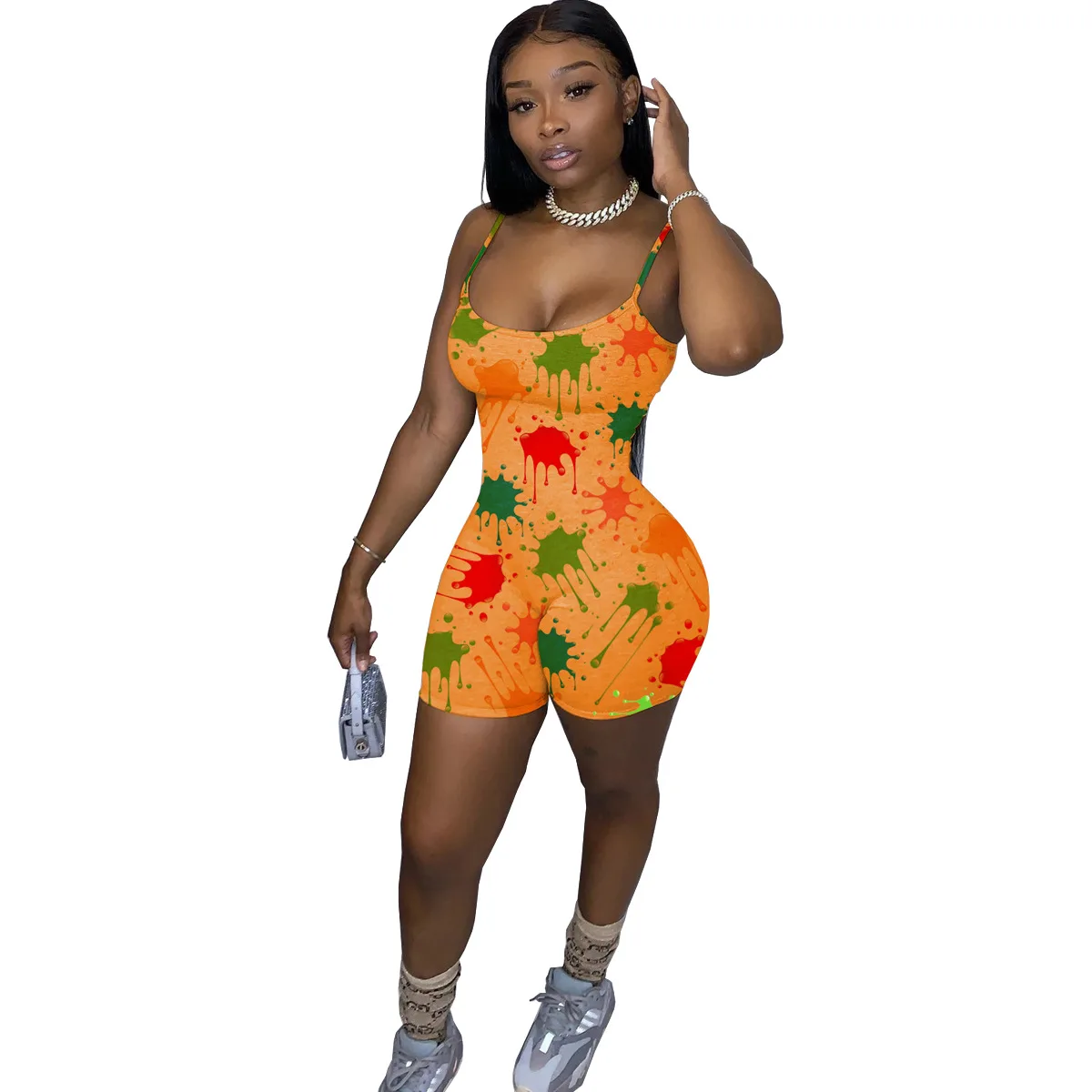 

SSEURAT Women Tie Dye Print Spaghetti Strap Sleeveless Bodycon Playsuit Sexy Party Bodysuit One Piece Romper Overall