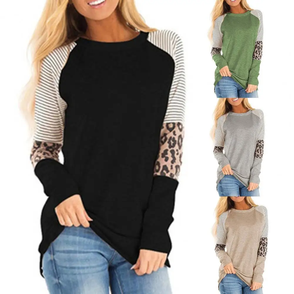 

Женская Повседневная Блузка с леопардовым принтом, с круглым вырезом и длинным рукавом