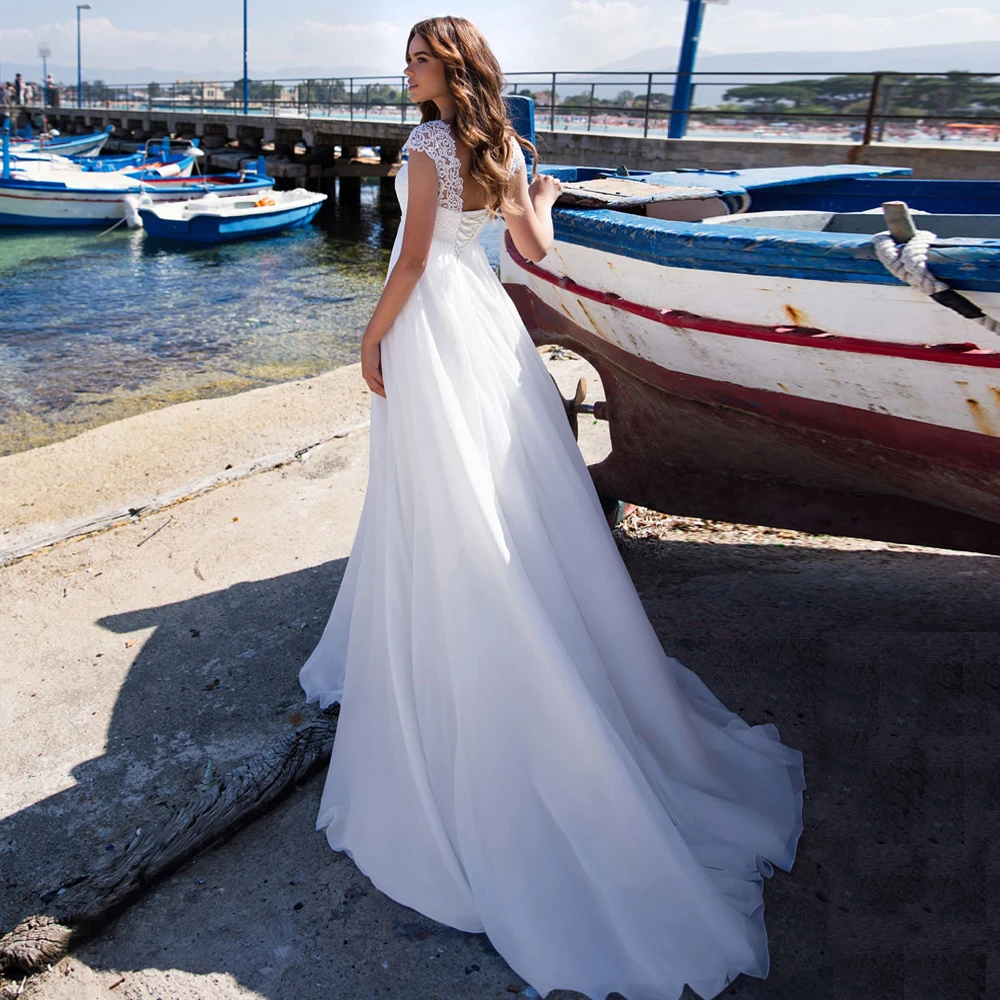 

Jiayigong Wedding Dresses Scoop Neck A-line Chiffon Applique Cap Sleeve Sweep Train 2020 Bridal Gowns Vestido De Noiva