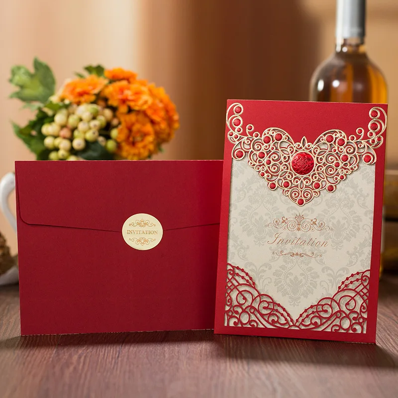 

100pcs Laser Cut Red Gold Hollow Wedding Invitations Cards for Engagement Birthday Bridal Shower Party Supplies, Customizable