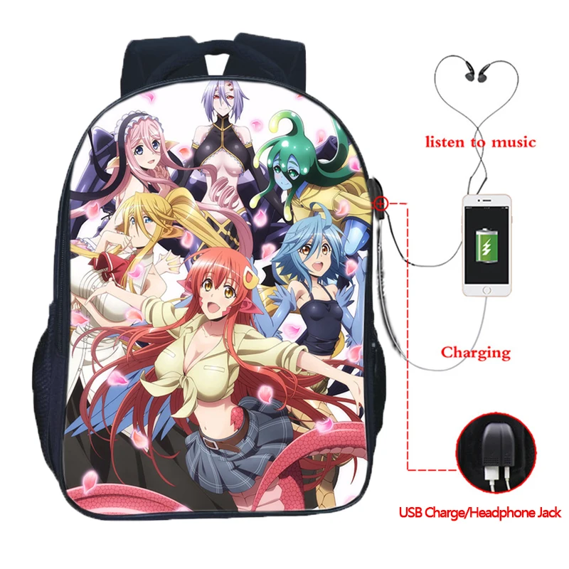 

Anime Monster Musume no Iru Nichijou USB Charge Backpacks For Students School Rucksack Kids Bookbag Men Women Leisure Mochila