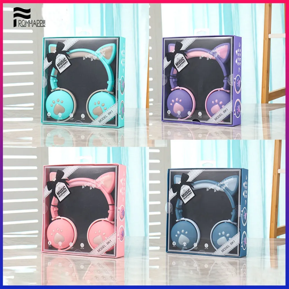 

Bluetooth Headphones Glowing Cute LED Cat Ear Paw Girls Gift Kids Headset Wireless HIFI Stereo Bass 3.5mm Plug with Mic