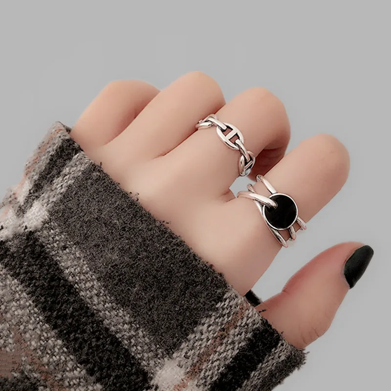 925 Sterling Silver Black Round Irregular Stackable Line Ring For Women Adjustable Simple Designer Rings Fashion Jewelry | Украшения и