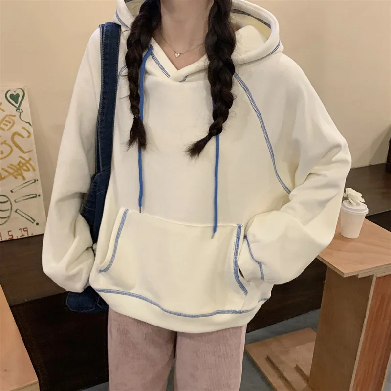 

Autumn Korean 2021 Loose Design Sense Drawstring Hooded Open Line Foreign Style Pullover Long Sleeve Sweater Women's Top Rac