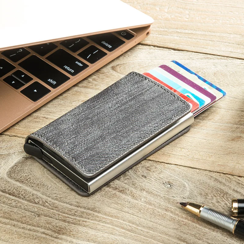 

Business Credit Card Holder wallets Men and Women Metal RFID Vintage Aluminium Box PU Leather Card Wallet Note Carbon wallet