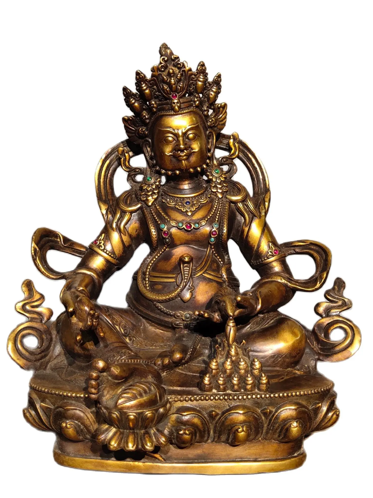 

18th-20th Century Oriental Antique Artwork,Old Bronze Yellow Jambhala Tibetan Buddha Sculpture,Height 30CM,Long 25CM