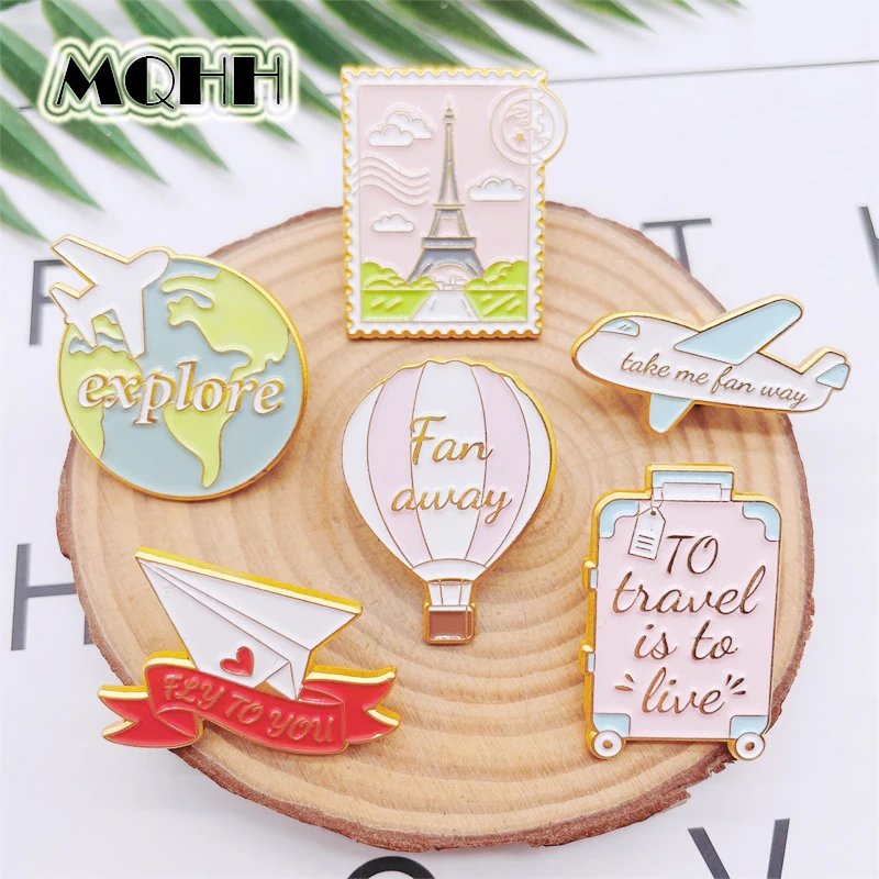 

Cartoon Cute Pink Love Heart Airplane Earth Enamel Pins Stamps Suitcase Hot Air Balloon Alloy Brooch Badge Fashion Jewelry Gift