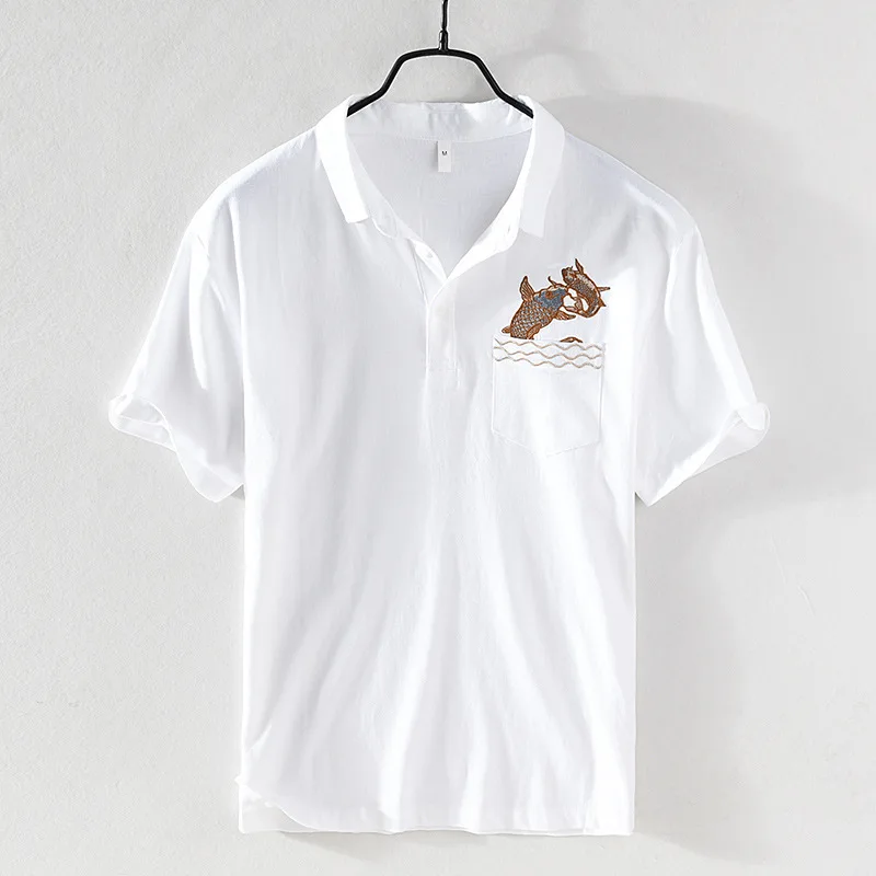 

Summer Men's Linen Short Sleeve T-Shirt Vintage Pattern Embroidered Lapel Top