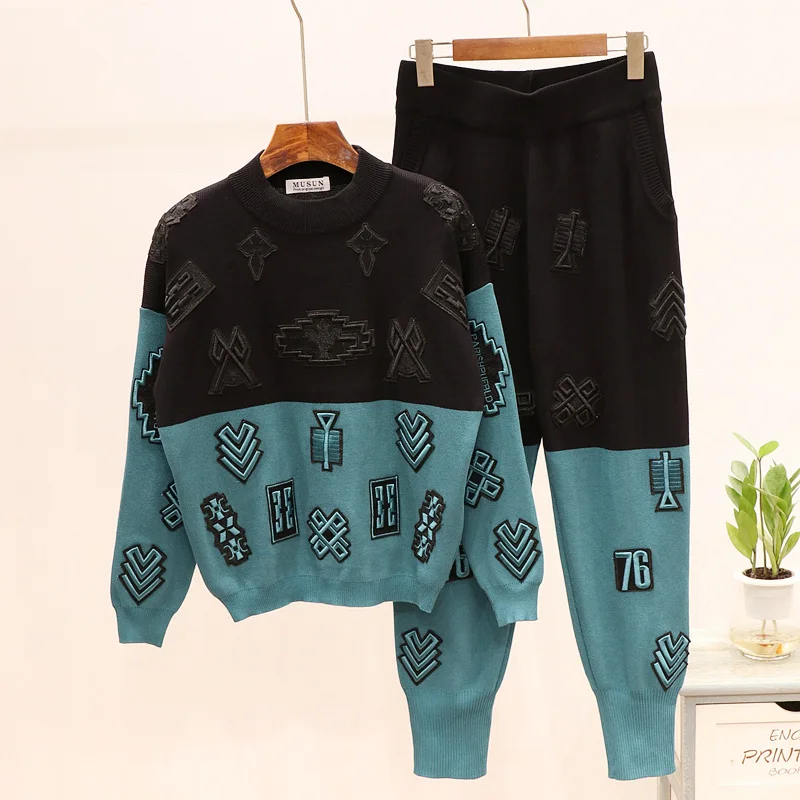 

Autumn Women Hit color Embroidery Knitted Sweater Pullover + Fashion Pants Set Casual Tracksuit 2 Piece Set Women Outfits G389