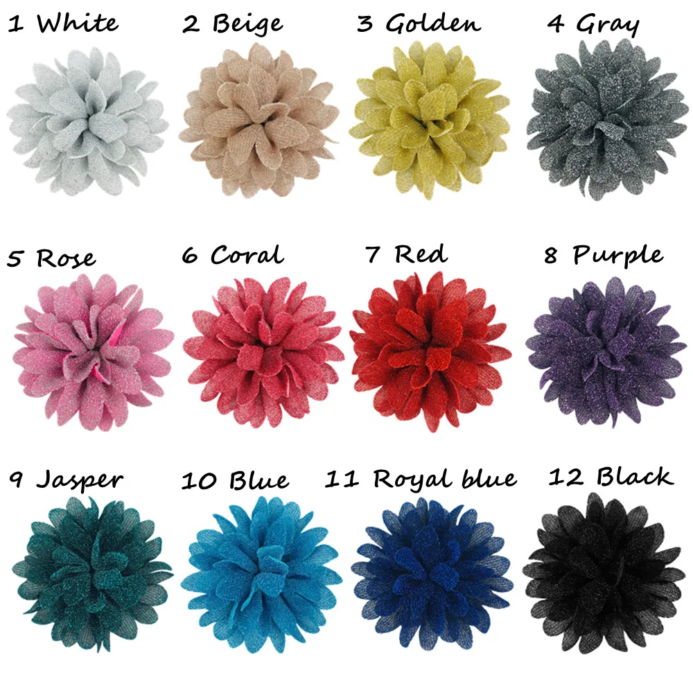 

30 Pcs/Lot,4 inch Fashion Artificial Metallic Fabric Flower For Hair Accessories Chiffon Glitter Flowers For Wedding Boutique