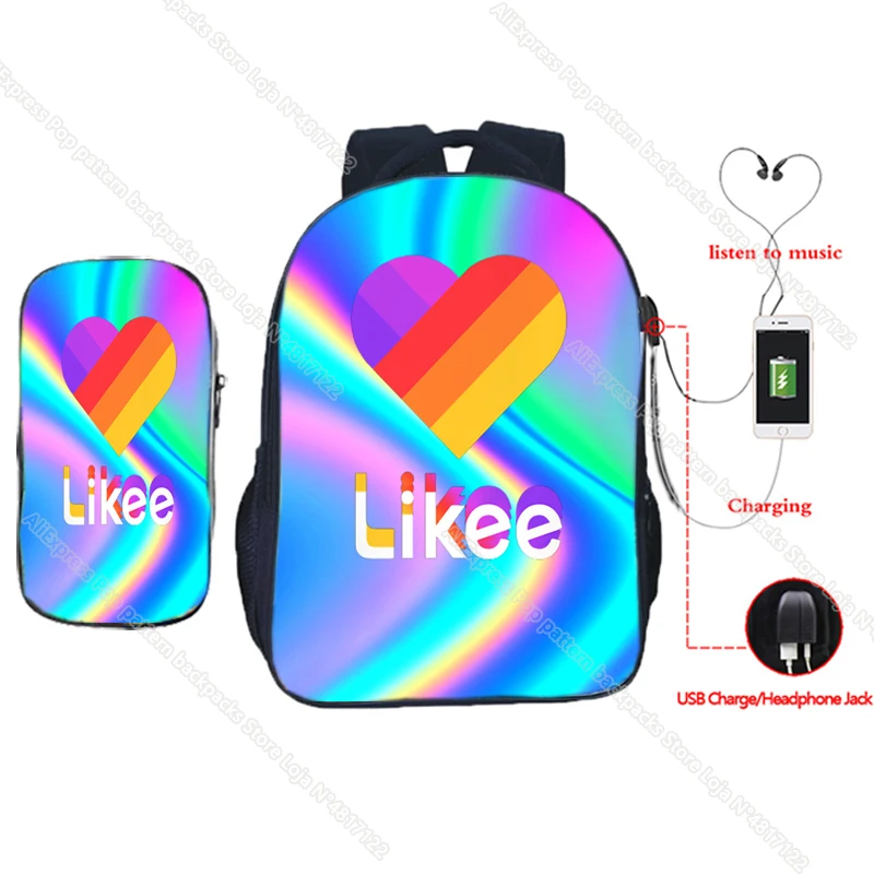 

2 Pcs/set LIKEE USB Charge Backpack for Teenage Boys Girls Daily Rainbow Heart Rucksack Women Men Travel Bags with Pencil Case