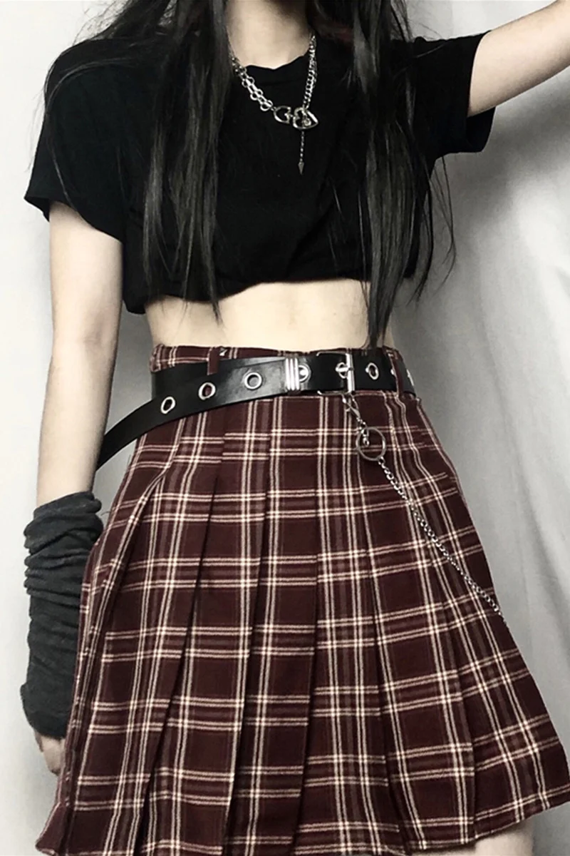 

Dark Sweet Cool Girl's Plaid Chain High Waist Pleated Skirt Women's Summer 2020 New Korean Skirt japanese fashion