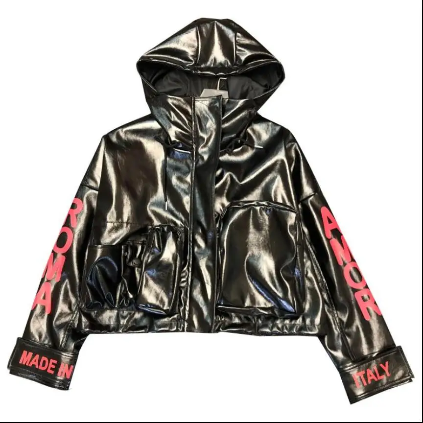 Осенняя Новинка 2019 года Лаковая куртка из искусственной кожи с принтом в виде