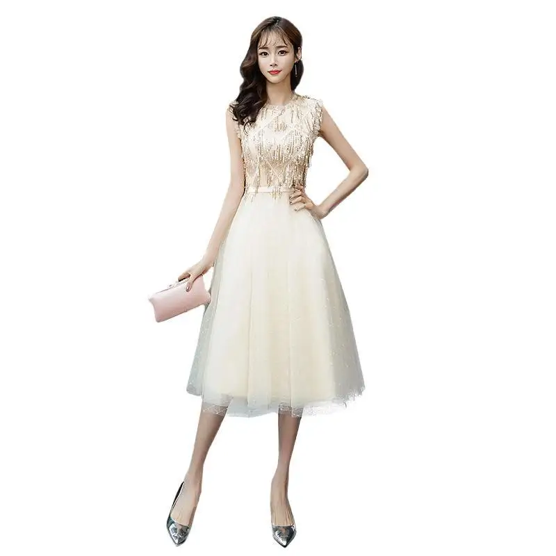 

Elegant Sequins Tassel Women Banquet A-Line Dresses XS-XXL Mesh Evening Dress Sexy Sleeveless Skirt Bride Wedding Party Gown