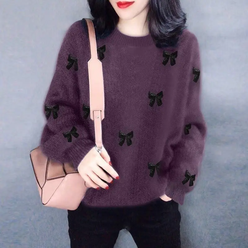 

2021 autumn winter new round neck loose lazy wind bow purple thin sweater women's sweater