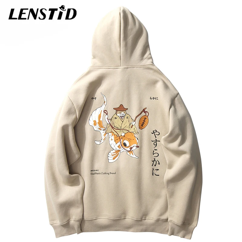 LENSTID мужской хип хоп зимний флисовый пуловер с капюшоном забавный кот кои рыба