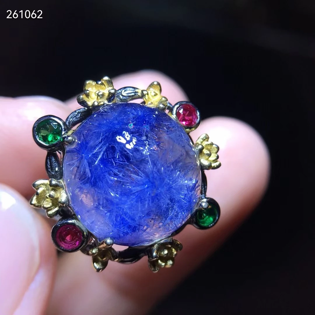 

Natural Blue Dumortierite Rutilated Quartz Round Ring 13.4/13.4mm Crystal Silver Adjustable Woman Men Rectangle Jewelry AAAAA