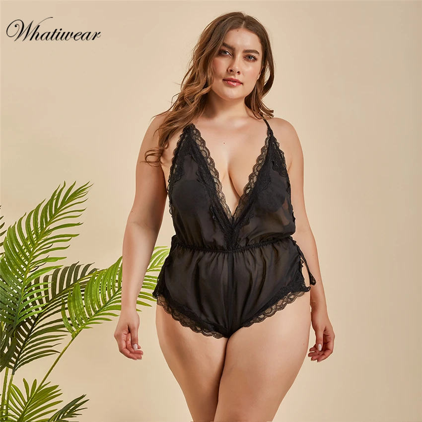 Whatiwear Plus Size Deep V Neck lace bodysuit transparent female body hot sexy teddies jumpsuits women deep V mesh Bodysuit