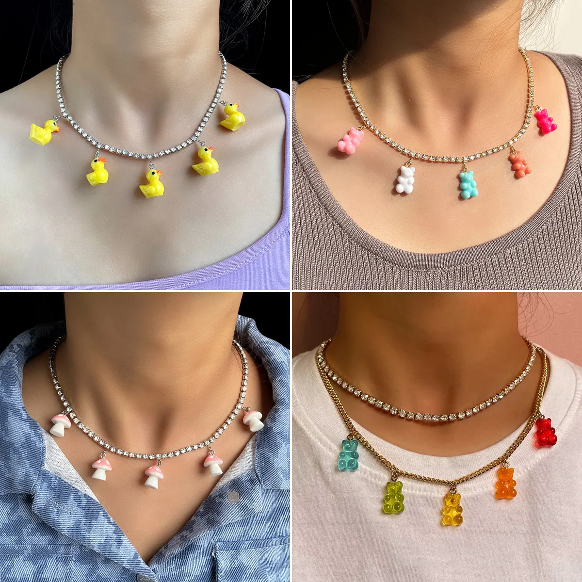 

Candy Bear Little Duck Crystal Tennis Chain Necklaces For Women Colorful Mushroom Charm Rhinestone Necklaces Korean New Jewelry