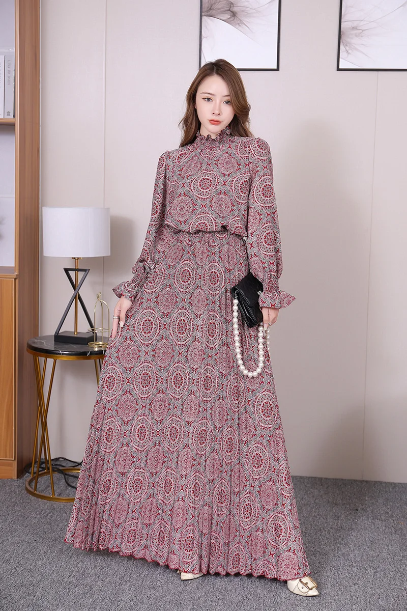 

2021 New Spring Autumn Elegant stand collar long sleeve print Shirt Top + high waist print long A-line pleated Skirt 2-piece set