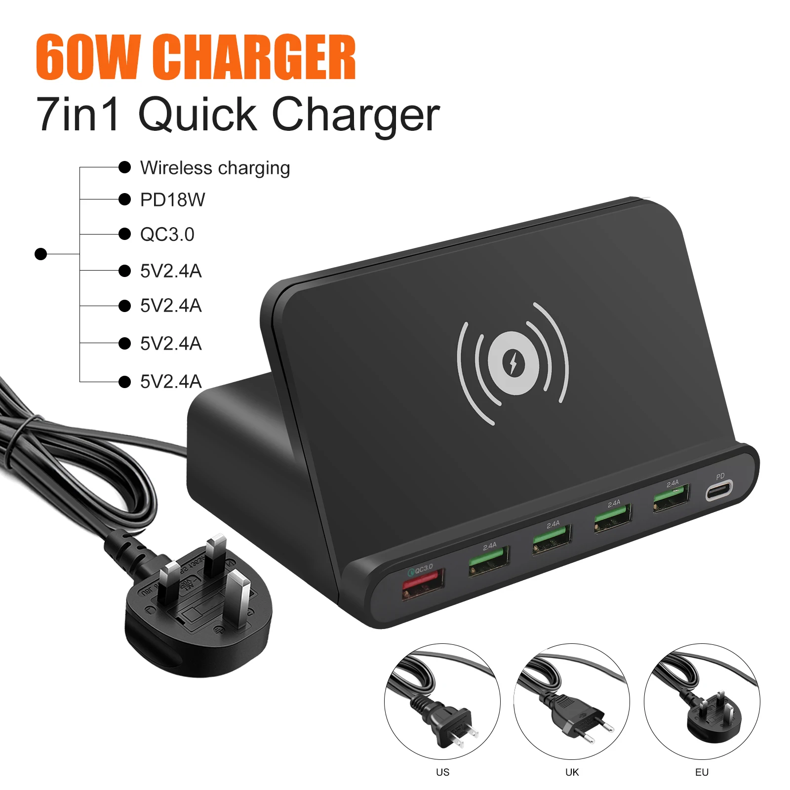 

6 Ports 60W USB Socket QI Wireless Charger with PD 18W QC3.0 USB Interface Office Fast Charging Power Adapter for IPhone Samsung