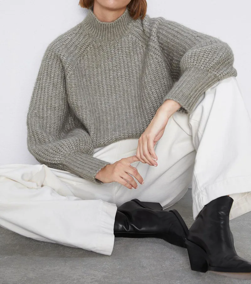 2019 ZA New Winter Hippocampus Sweater Puff Sleeve Half Turtleneck Long Knitwear Pullover Elegant Casual Solid Sweaters | Женская одежда