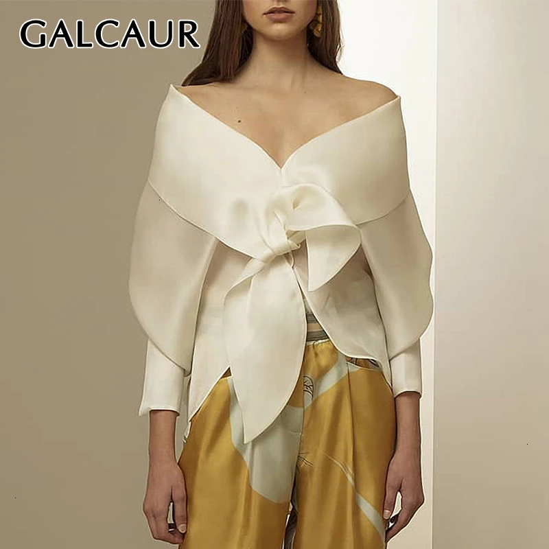 

GALCAUR Casual Irregular Lace Up Blouses For Female Slash Neck Off Shoulder Long Sleeve Shirts Women 2020 Fashion Clothes New