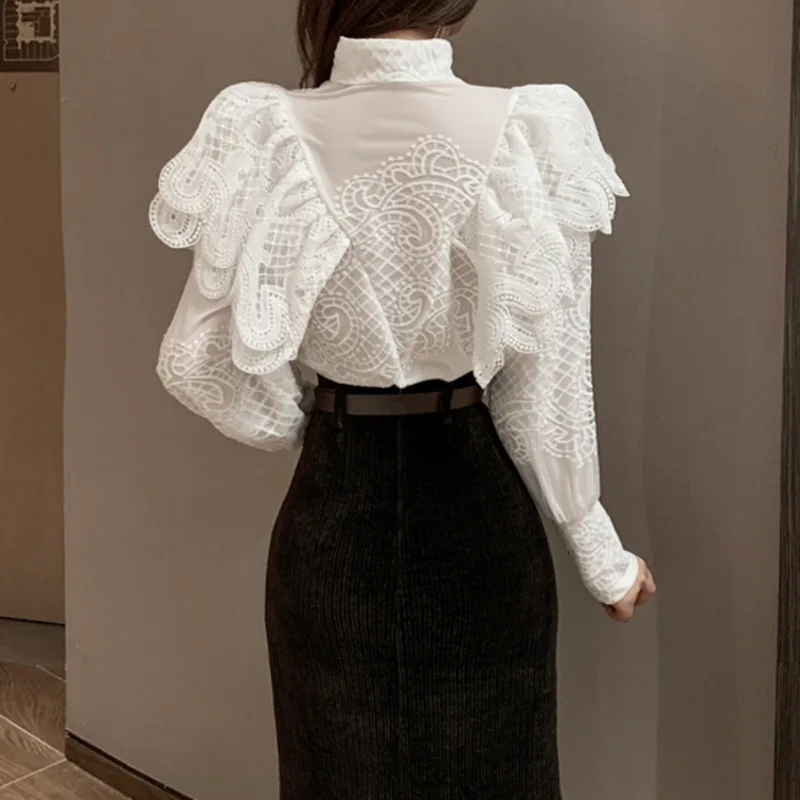 

2021 New Spring Korean OL Single-breasted Ruffles Embroidery Lantern Sleeve Shirt Blouse + Split Bodycon Skirt Suits 2 Piece Set