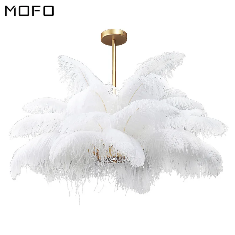 

Retro Natural Ostrich Feather LED Pendant Lights Nordic Luxury Gold Home Decor Pendant Lamp lighting Living Room Hanging Lamps
