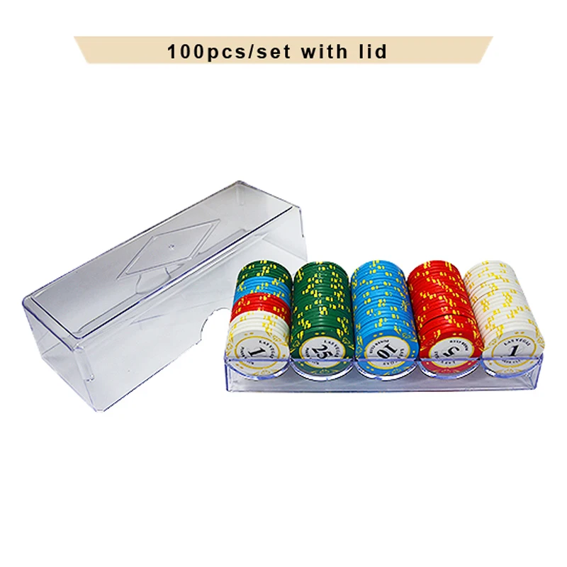 100pcs with lid 100/200 шт в стиле Лас-Вегаса с изображением казино покера глины фишки для покера комплект Изготовленный На Заказ Акриловая чип коробка фишки для покера Техасский Холдем доллар монеты покер Лас-Вегасе - Цвет: 100pcs with lid