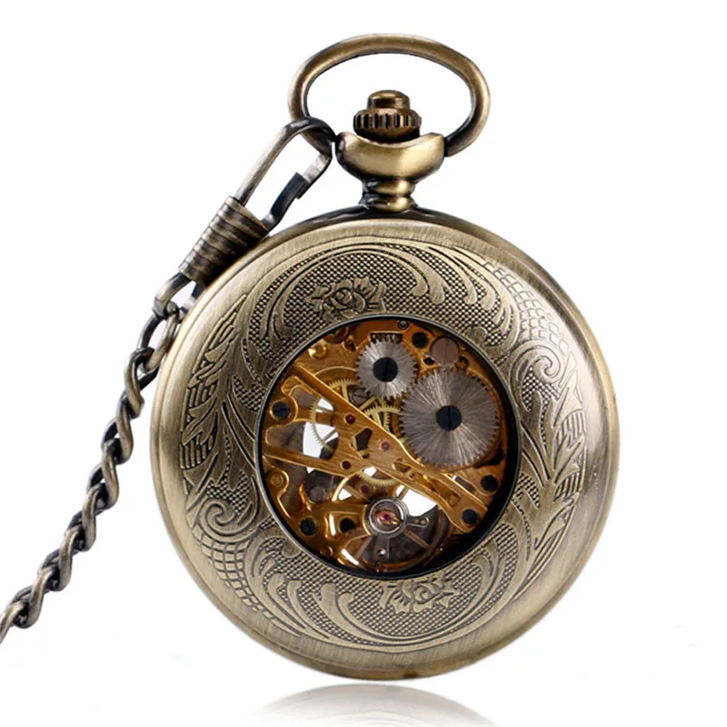 Steampunk Clock Men Women Handwind Mechanical Pocket Watch Half Hunter Skeleton Clock Roman Numeral Pendant Chain Collectable