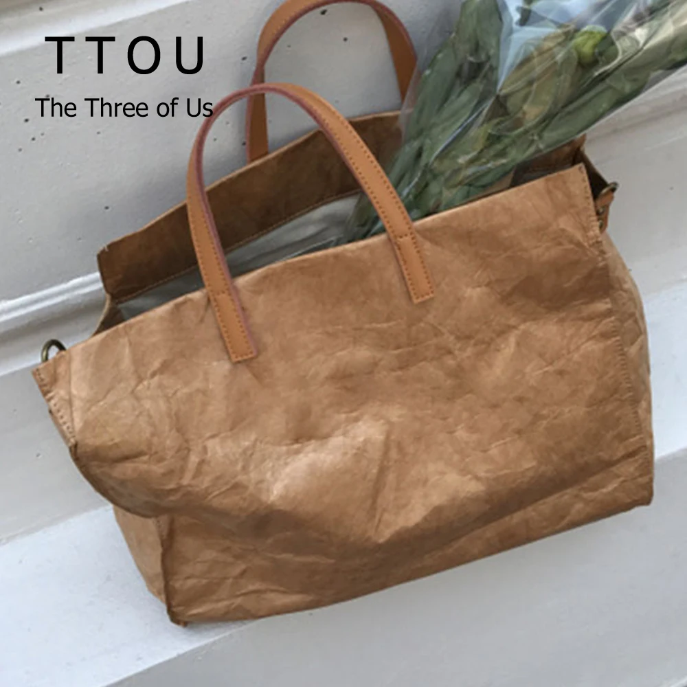 

Vintage Women Designer Kraft Paper Handbags Large Capacity Tote Bags Female Shoulder Bags Solid Casual Travel Shopping Pack
