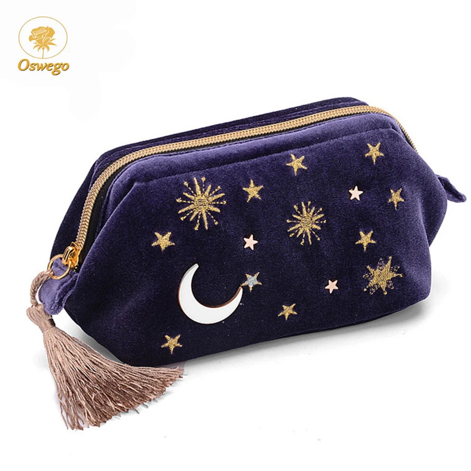 

Oswego Makeup Bag Velvet Cosmetic Cases Small Tassel Embroidered Pouch Storage Bag For Women/Make Up Bag Travel/Organizer
